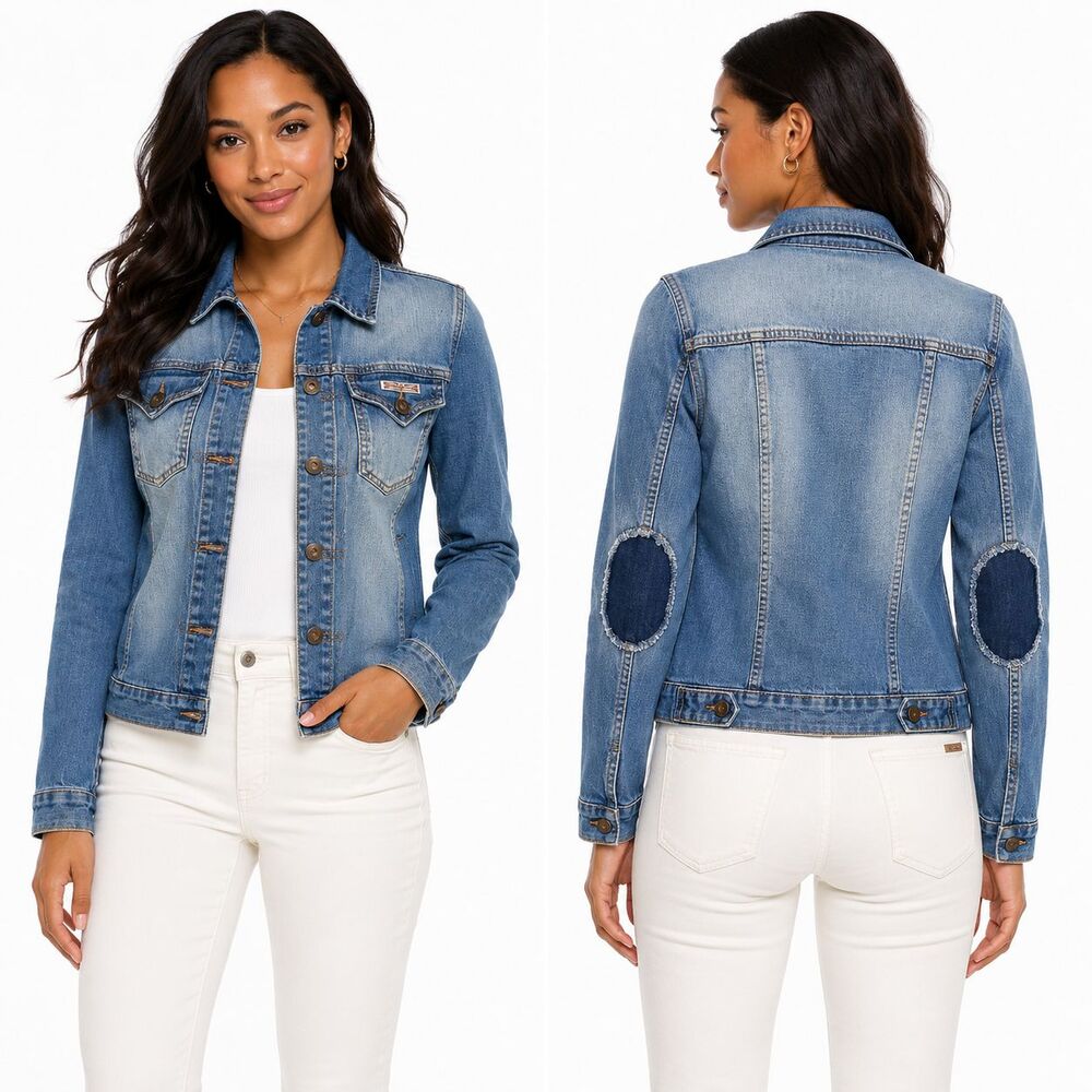 Hudson Denim Jacket Women's Large Blue Distressed Elbow Patch Stretch Trucker